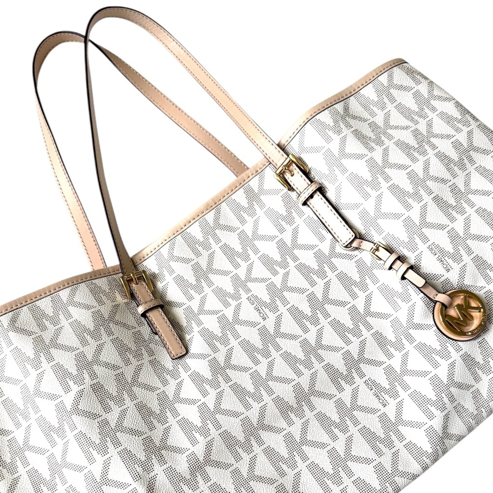 Michael Kors Jet Set Large White and Tan Signature Tote Bag
